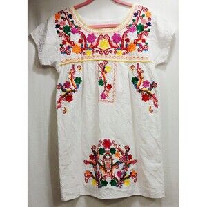 YZXDORWJ White Floral Embroidered Cotton Dress Women's Small Boho Festival NICE!